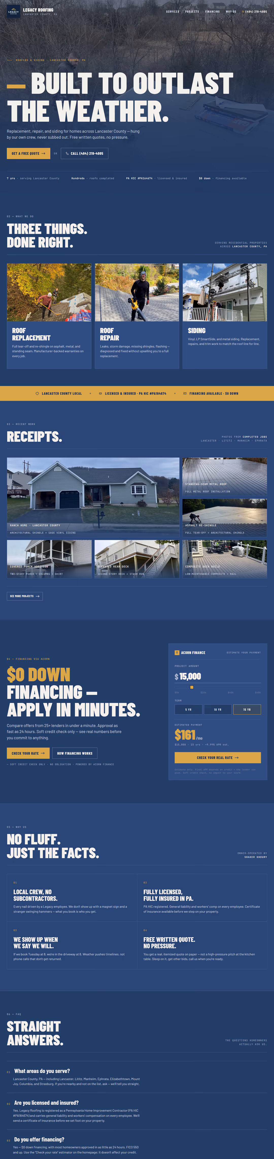 The Legacy Roofing website we built — a residential roofing and siding site for Lancaster County, PA, captured top to footer