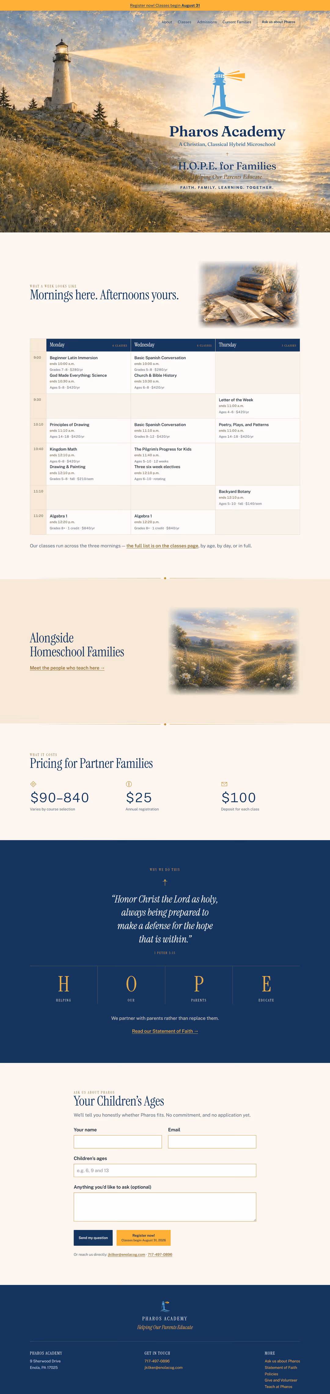 The Pharos Academy website we built — a Christian classical hybrid microschool site for Enola, PA, captured top to footer